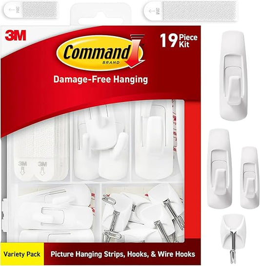 Command Variety Pack, Including 10 Pairs of Picture Hanging Strips, 6 Wire Hooks and 8 Utility Hooks for Hanging, Organization and Storage, Damage Free Hanging Up to 19 Items, 1 Kit